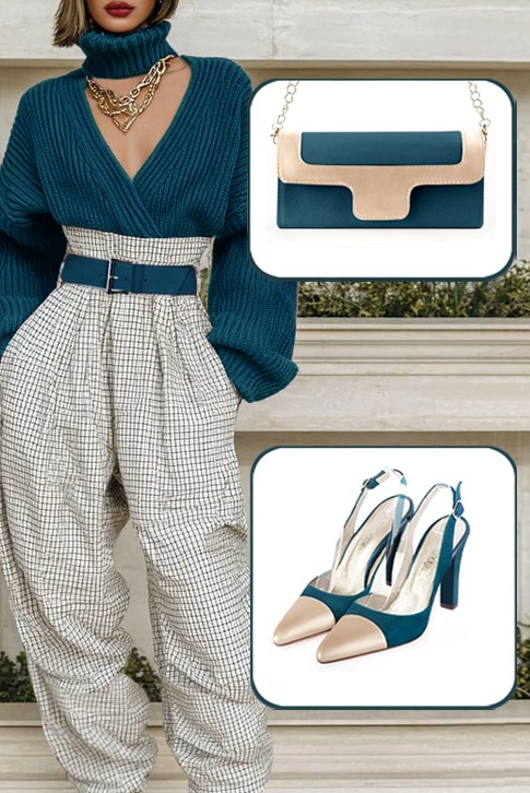 Women's gold and peacock blue elegant slingback heels. Tapered toe. High kitten heels - Worn view